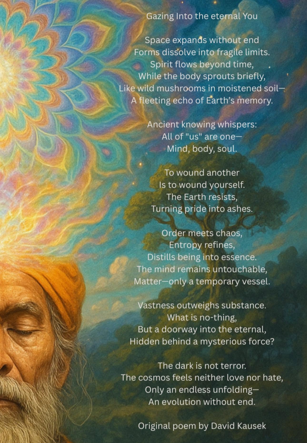 meditative image of a yogi connected to nature and his crown chakra with a poem about inner journeys
