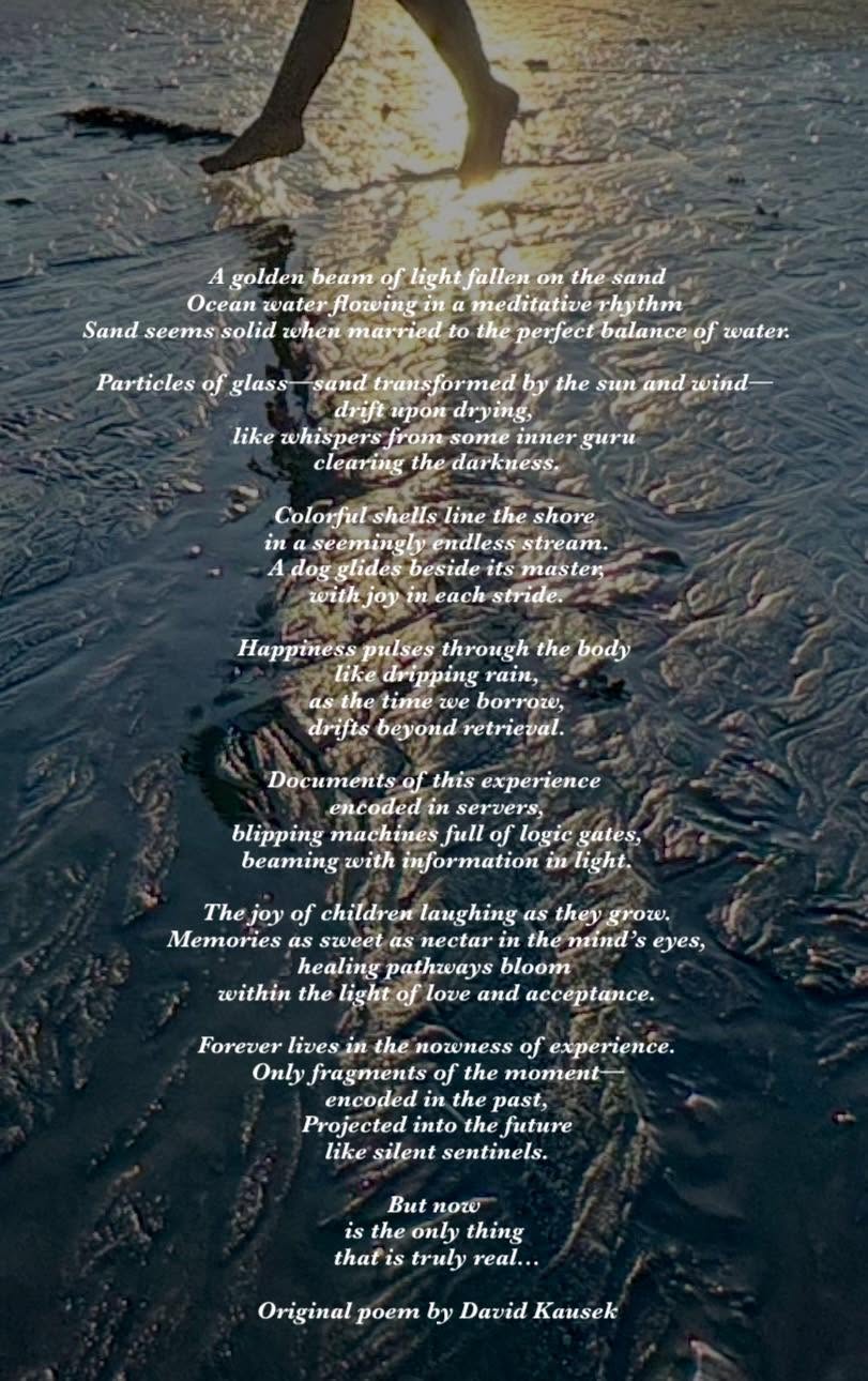 poster of a little girl's legs jumping above ocean water with a golden sunset behind her. The poster has a poem as an overlay
