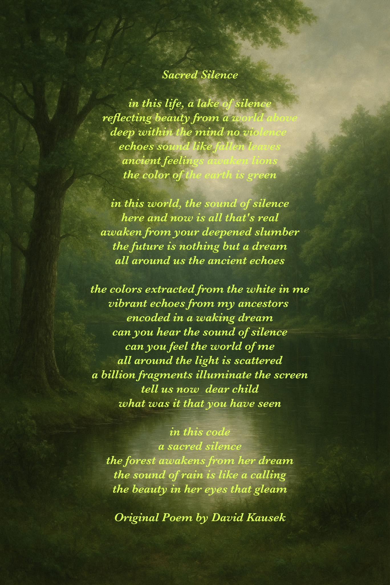 Forest scene with a lake and sky with a poem in yellow text